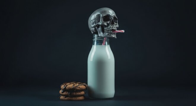 Metallic skull with straw in milk bottle, next to chocolate cookies - Powered by Adobe