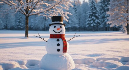 Fototapeta premium Classic snowman with top hat and scarf in a snowy winter forest