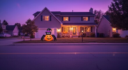 Fototapeta premium Twilight suburban home with illuminated Halloween pumpkin spider