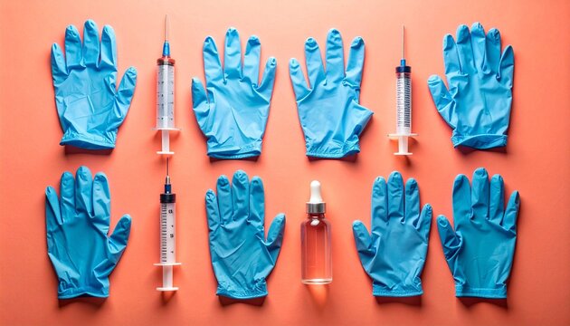 Symmetrical arrangement of syringe, gloves, and medicine bottles on coral background for editorial healthcare photography vaccination decor and poetic precision-themed visuals