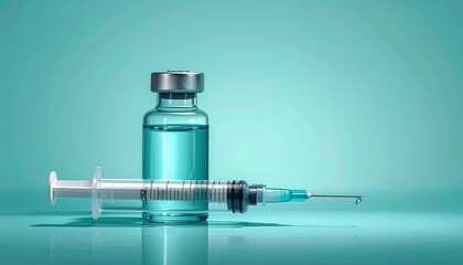Medical syringe and vial with clear liquid on teal gradient background for editorial healthcare photography vaccination decor and poetic treatment-themed visuals