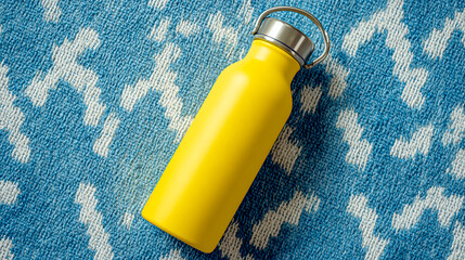 A yellow water bottle with a stainless steel lid, placed on a blue and white rug