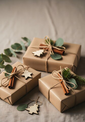 christmas gifts on wooden background