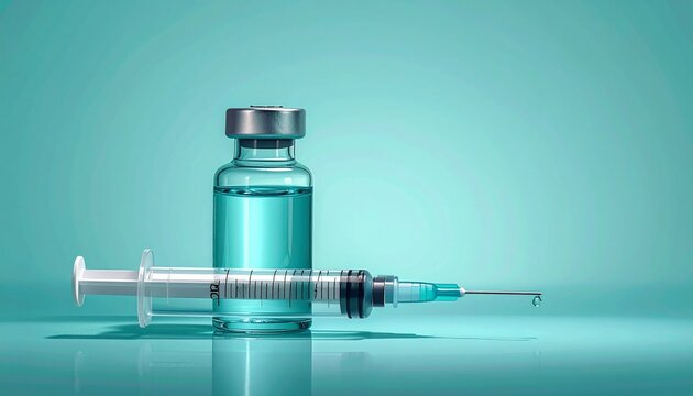Medical syringe and vial with clear liquid on teal gradient background for editorial healthcare photography vaccination decor and poetic treatment-themed visuals