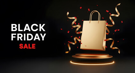 Minimal floating black and gold SALE tags around blank product pedestal