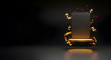 Minimal floating black and gold SALE tags around blank product pedestal