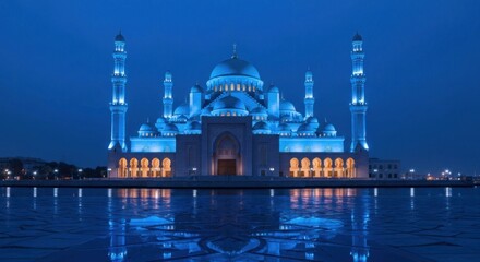Naklejka premium Ornate blue-lit mosque with reflections on still water at night