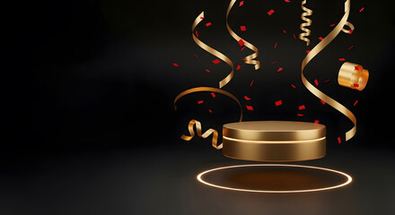 Minimal floating black and gold SALE tags around blank product pedestal