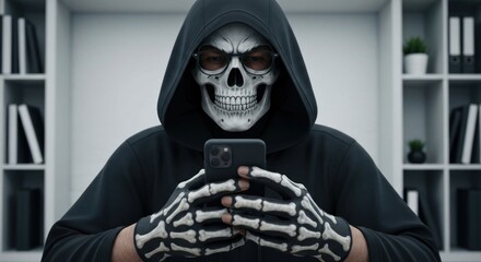 Skull-masked figure in a black hoodie and gloves texting on a phone