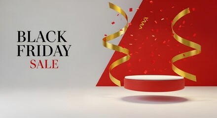 Minimal white background with floating red SALE tags around blank product pedestal