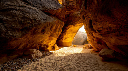 The entrance to the cave is lined with smooth pebbles