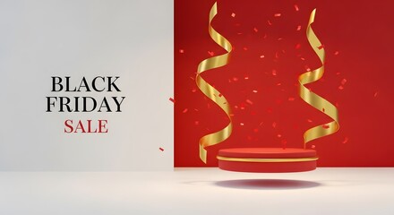 Minimal white background with floating red SALE tags around blank product pedestal