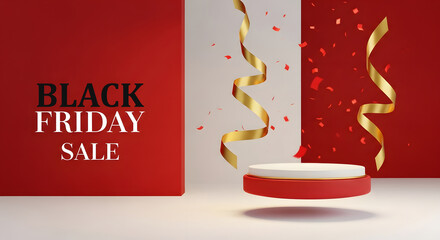 Minimal white background with floating red SALE tags around blank product pedestal