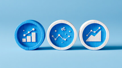 Three blue and white wooden circles on the right side