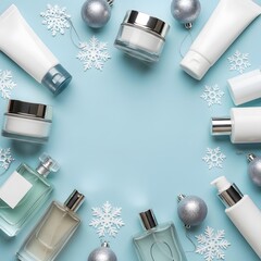 christmas background with cosmetics shampoo lotion cream beauty gifts and balls