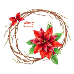 Watercolor Christmas wreath with fir branches, red poinsettia flower with holly leaves and ribbon. Stylish handmade design for holiday cards, invitations, seasonal designs and branding. Festive frame.