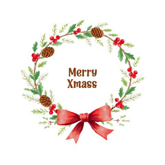 Watercolor Christmas wreath with fir branches, pine cones, red berries and a red bow. Stylish handmade design for holiday cards, invitations and seasonal designs and branding. Festive frame.