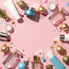 christmas background with cosmetics gifts and balls