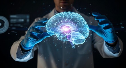 Scientist meticulously studies glowing digital brain model, exploring neuroscience innovation and human cognition with advanced technology