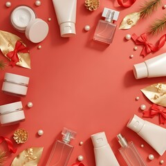 christmas background with cosmetics shampoo lotion cream beauty gifts and balls
