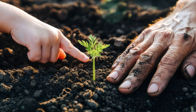 A child and parent discover the first sprout emerging from dark soil, symbolizing growth, care, and generational continuity.