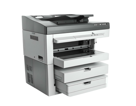 Multifunction office machine with paper trays and scanner