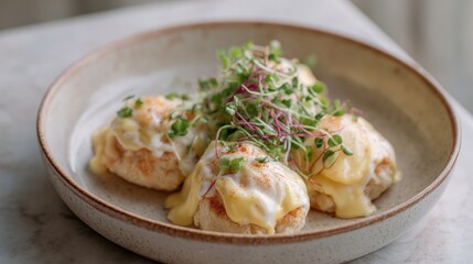Plate of food on a white marble countertop. the plate is round and has a light brown color with a speckled pattern.