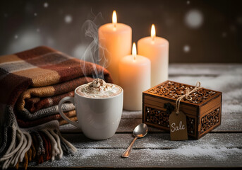 cup of creamy hot coffee with christmas marshmallows