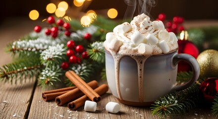cup of creamy hot coffee with christmas marshmallows