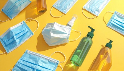 Disposable face masks and hand sanitizer bottles arranged on bright yellow background for editorial healthcare photography hygiene decor and poetic protection-themed visuals