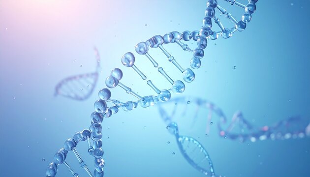 Digital DNA double helix rendering with glowing base pairs on gradient blue background for editorial genetics photography molecular decor and poetic inheritance-themed visuals