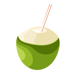 Fresh Young Coconut Drink with Straw Illustration Isolated on White Background