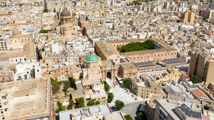 Aerial view of Porta Garibaldi, which was one of the entrances to the historic center of Marsala, in the province of Trapani, Sicily, Italy. It is decorated with a beautiful green dome.