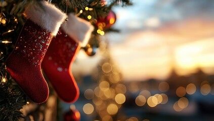 Sparkling red Christmas stockings hang on a decorated tree branch against a vibrant sunset backdrop