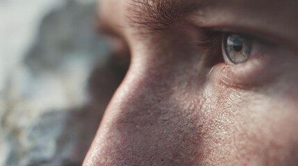Fototapeta premium Close-up of a person's face, specifically their eye. the eye is the focal point of the image, with the iris and eyelashes clearly visible.
