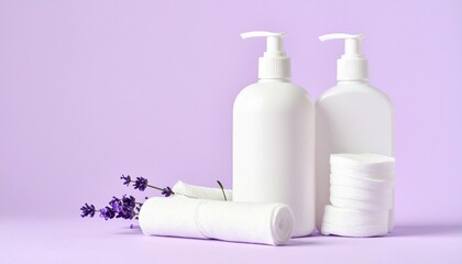 Minimalistic skincare setup with clear pump bottles, cotton pads, and gauze on light purple background for editorial beauty photography wellness decor and poetic self-care-themed visuals