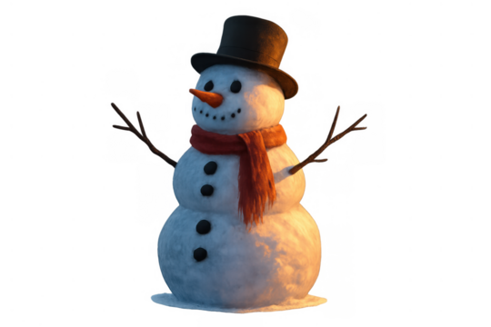 Snowman wearing top hat and red scarf with carrot nose and coal buttons, celebrating winter holidays and christmas