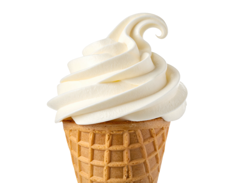 Creamy vanilla soft serve ice cream in a waffle cone