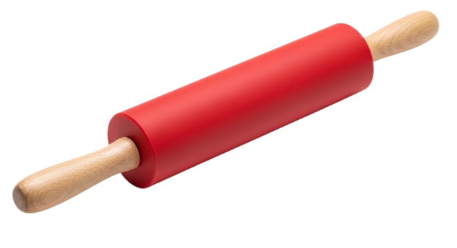 Isolated on transparent background, a red rolling pin with wooden handles, a kitchen tool used for flattening dough and baking pastries