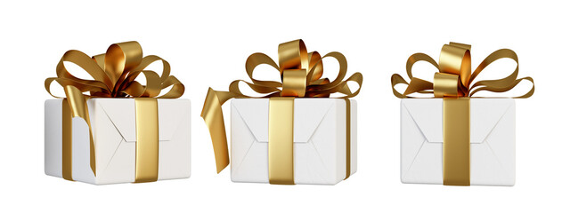 Set of gift box with golden ribbon isolated on white