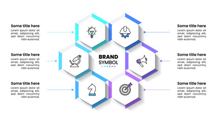 Infographic template. 6 hexagons with icons and title in the middle