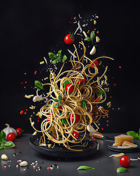 The image features a dynamic composition of pasta and its ingredients in mid-air against a dark background. 