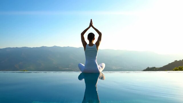 Woman meditating in lotus pose by infinity pool with mountain backdrop at sunrise