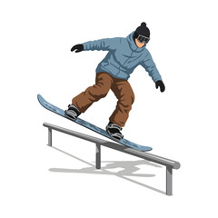 Snowboarder performing a trick on a rail, wearing winter gear.