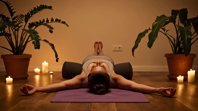 Woman relaxing in savasana pose on yoga mat with candles and plants in dimly lit room