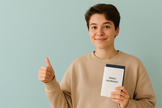 A cheerful young person in a denim jacket holds a travel insurance paper while gesturing confidently, promoting safe trips and reliable protection for journeys.