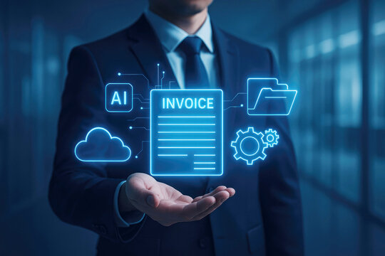 Businessman presenting digital invoice with AI cloud and gear icons representing automated financial processing