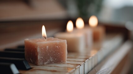 Three lit candles on a wooden surface. the candles are arranged in a row, with the largest candle in the center and two smaller ones on either side.