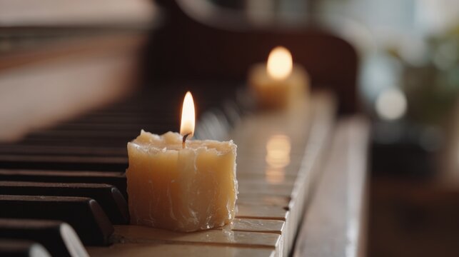 Single candle burning on a piano keyboard. the candle is in the center of the image, with its flame burning brightly.