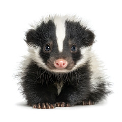 Obraz premium Adorable baby skunk with fluffy fur and curious eyes, isolated on white.